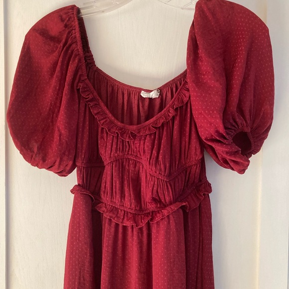 Anthropologie dRA Deep Red Ruffle Dress Milkmaid Puff Sleeves - Picture 2 of 4